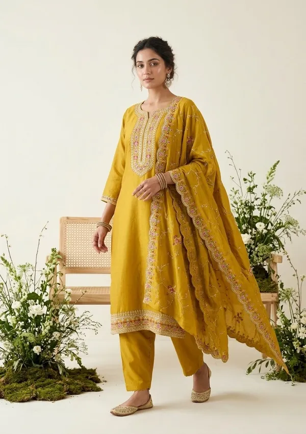 Mustard_Soft_Raw_Silk_Threadwork_Straight_Kurta_With_Pant_Regular_And_Dupatta