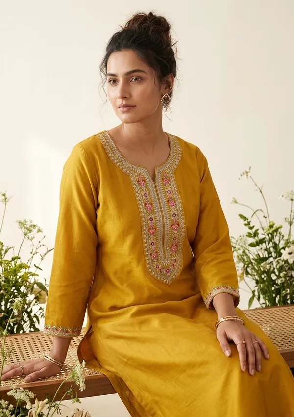 Mustard_Soft_Raw_Silk_Threadwork_Straight_Kurta_With_Pant_Regular_And_Dupatta