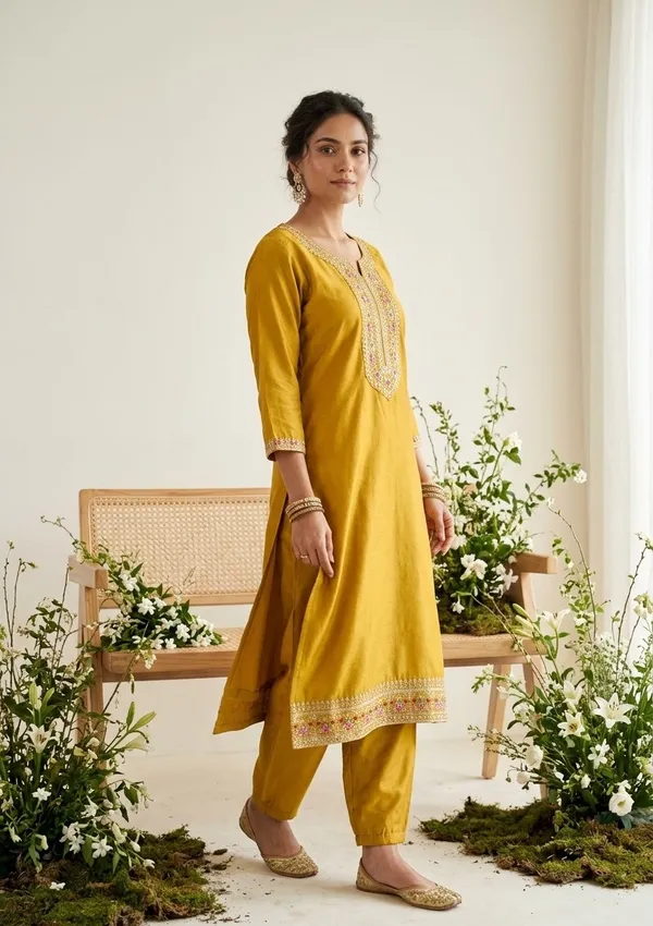 Mustard_Soft_Raw_Silk_Threadwork_Straight_Kurta_With_Pant_Regular_And_Dupatta