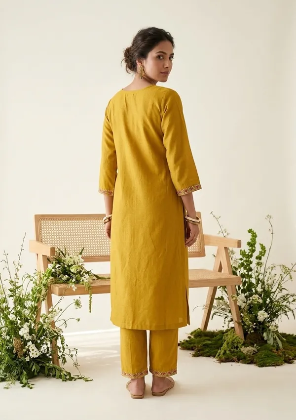Mustard_Soft_Raw_Silk_Threadwork_Straight_Kurta_With_Pant_Regular_And_Dupatta