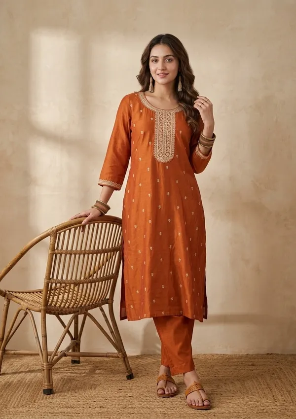 Orange_Soft_Raw_Silk_Gold_Zariwork_Straight_Kurta_With_Pant_Regular_And_Dupatta