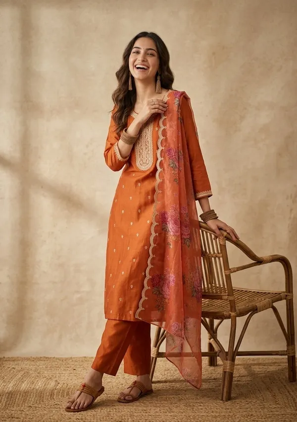 Orange_Soft_Raw_Silk_Gold_Zariwork_Straight_Kurta_With_Pant_Regular_And_Dupatta
