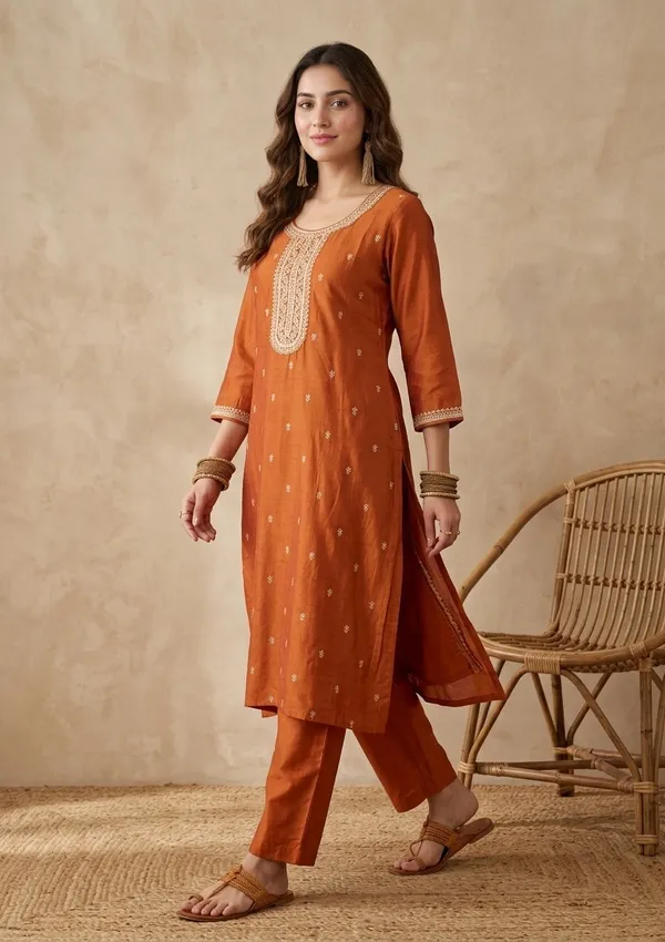 Orange_Soft_Raw_Silk_Gold_Zariwork_Straight_Kurta_With_Pant_Regular_And_Dupatta