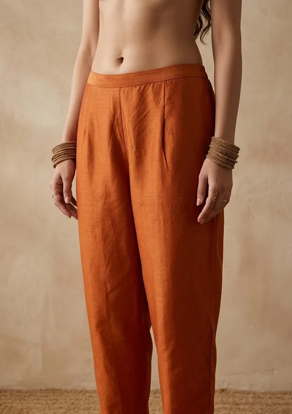 Orange_Soft_Raw_Silk_Gold_Zariwork_Straight_Kurta_With_Pant_Regular_And_Dupatta