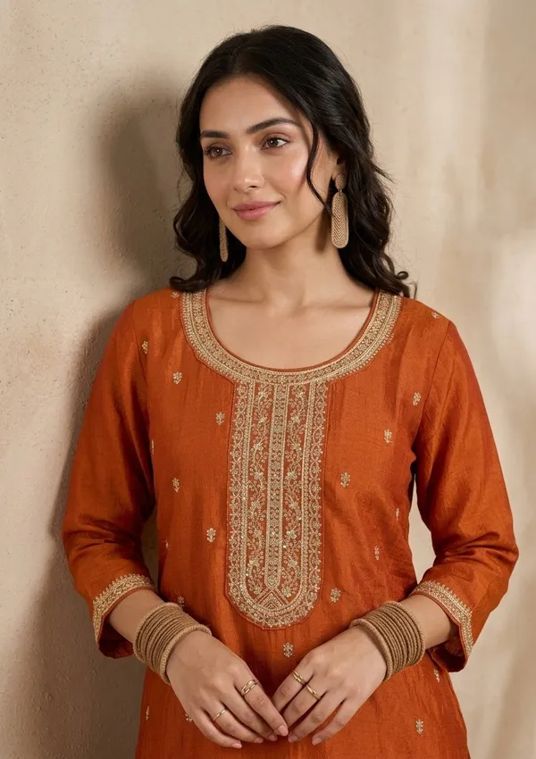 Orange_Soft_Raw_Silk_Gold_Zariwork_Straight_Kurta_With_Pant_Regular_And_Dupatta