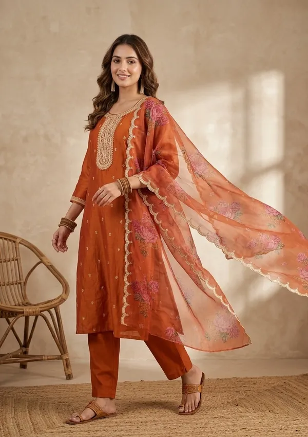 Orange_Soft_Raw_Silk_Gold_Zariwork_Straight_Kurta_With_Pant_Regular_And_Dupatta