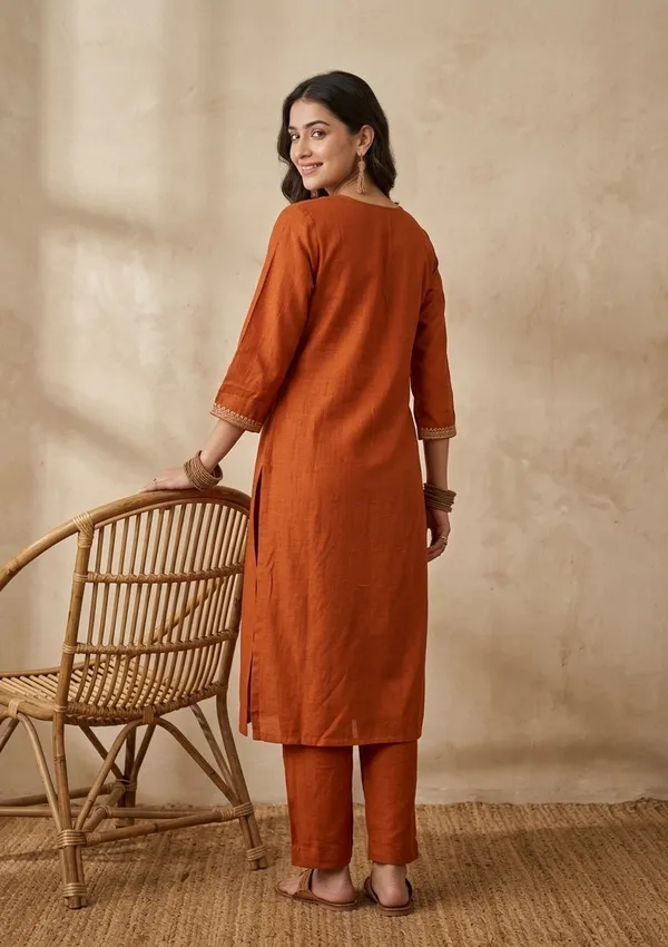 Orange_Soft_Raw_Silk_Gold_Zariwork_Straight_Kurta_With_Pant_Regular_And_Dupatta