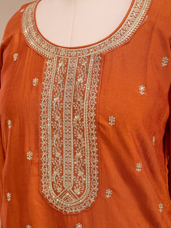 Orange_Soft_Raw_Silk_Gold_Zariwork_Straight_Kurta_With_Pant_Regular_And_Dupatta