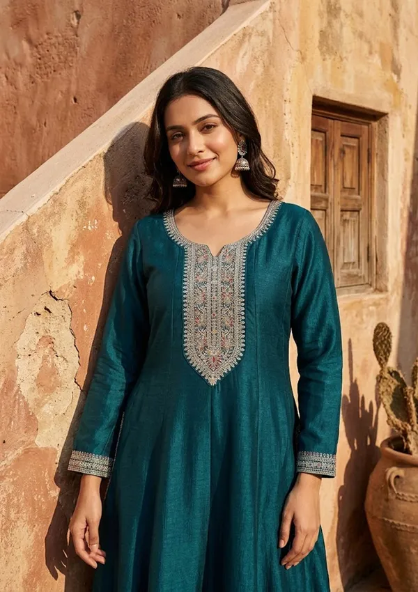 Teal_Green_Soft_Raw_Silk_Gold_Zariwork_Anarkali_Kurta_With_Pant_Regular_And_Dupatta