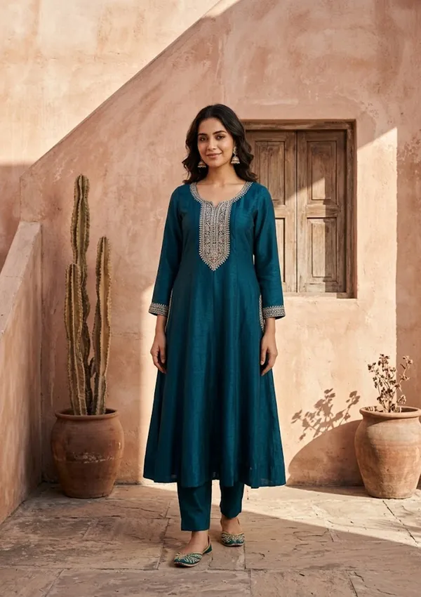 Teal_Green_Soft_Raw_Silk_Gold_Zariwork_Anarkali_Kurta_With_Pant_Regular_And_Dupatta