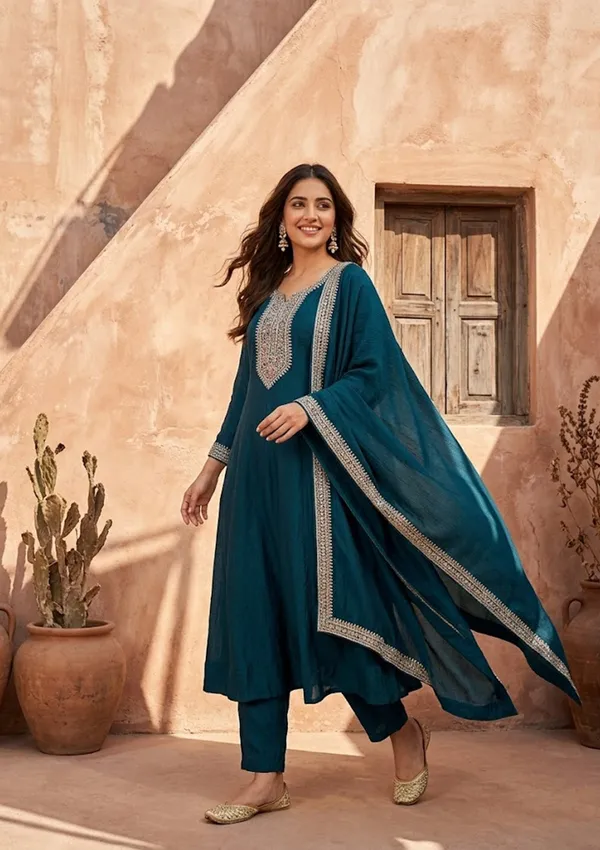 Teal_Green_Soft_Raw_Silk_Gold_Zariwork_Anarkali_Kurta_With_Pant_Regular_And_Dupatta