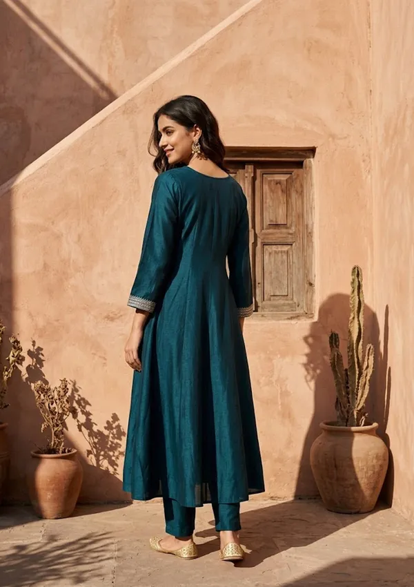 Teal_Green_Soft_Raw_Silk_Gold_Zariwork_Anarkali_Kurta_With_Pant_Regular_And_Dupatta