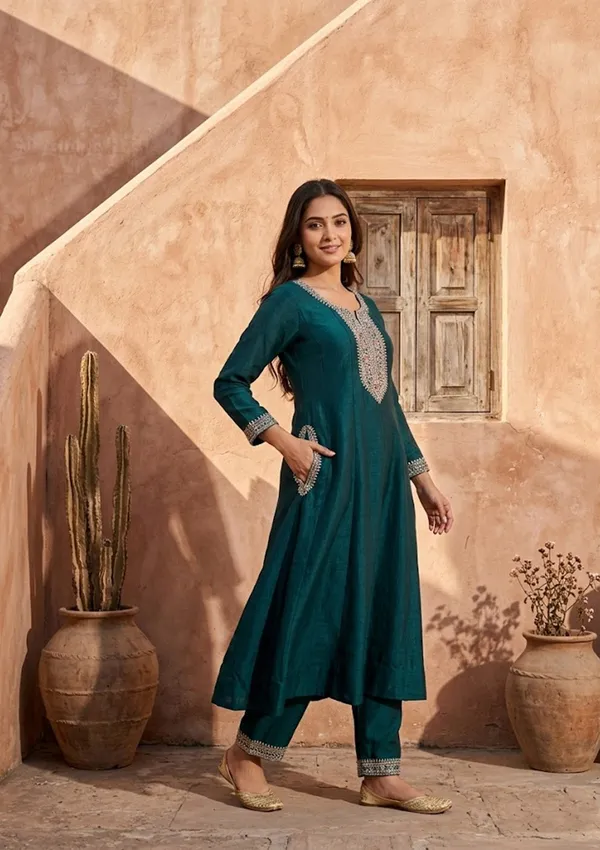 Teal_Green_Soft_Raw_Silk_Gold_Zariwork_Anarkali_Kurta_With_Pant_Regular_And_Dupatta