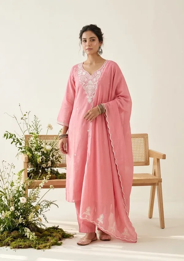 Gajari_Pink_Chanderi_Threadwork_Straight_Kurta_With_Pant_Regular_And_Dupatta