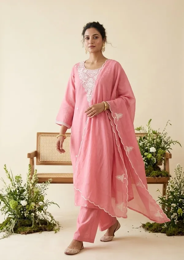 Gajari_Pink_Chanderi_Threadwork_Straight_Kurta_With_Pant_Regular_And_Dupatta