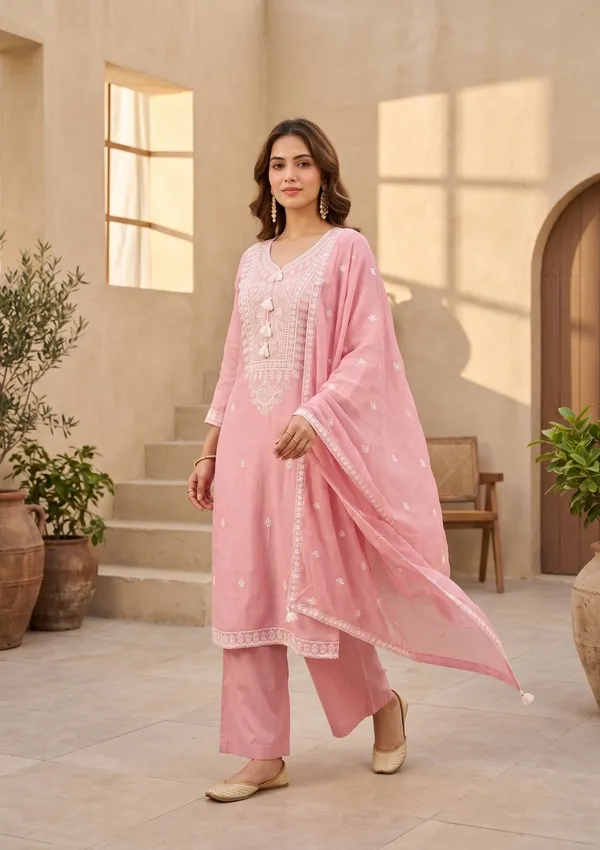 Gajari_Pink_Chanderi_Threadwork_Straight_Kurta_With_Pant_Regular_And_Dupatta
