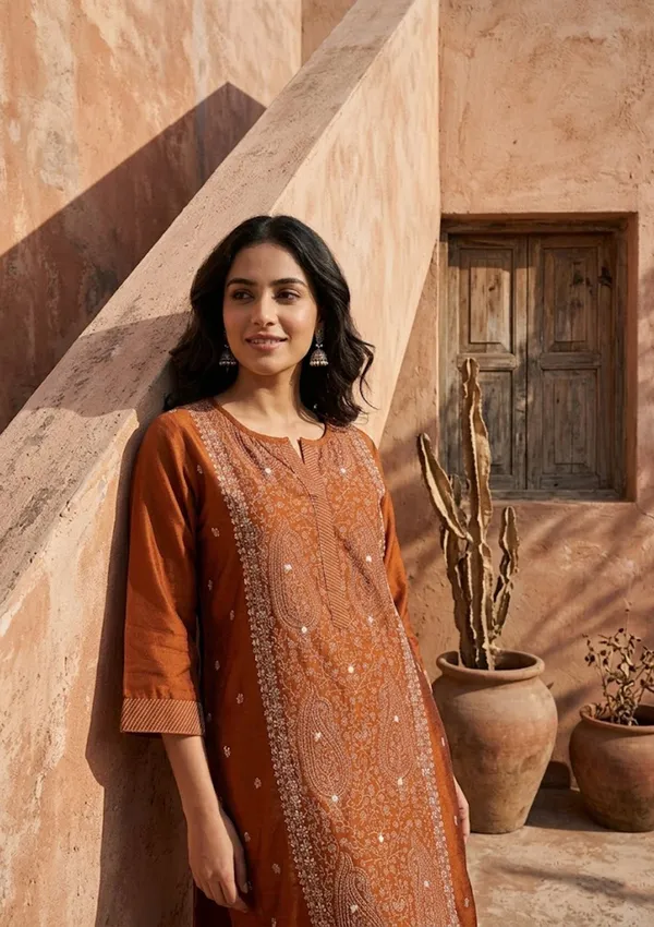 Rust_Soft_Raw_Silk_Threadwork_Straight_Kurta_With_Pant_Regular_And_Dupatta
