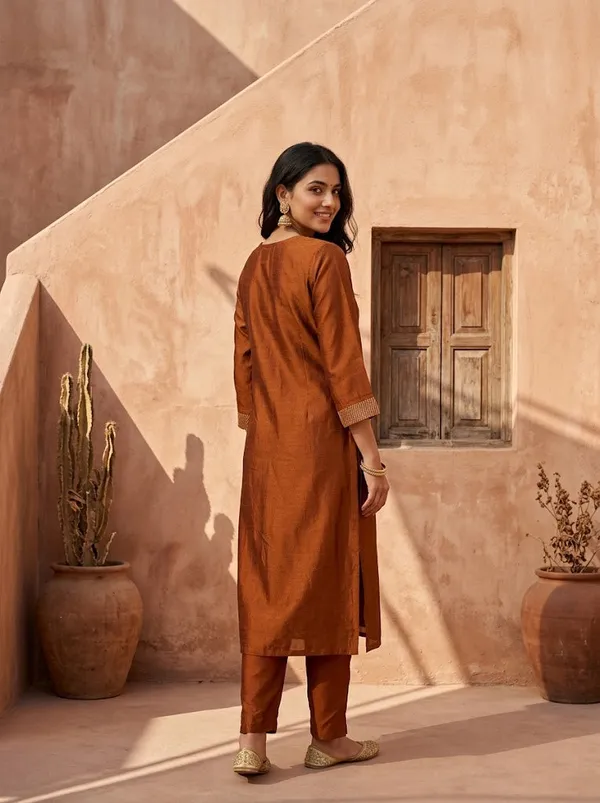 Rust_Soft_Raw_Silk_Threadwork_Straight_Kurta_With_Pant_Regular_And_Dupatta