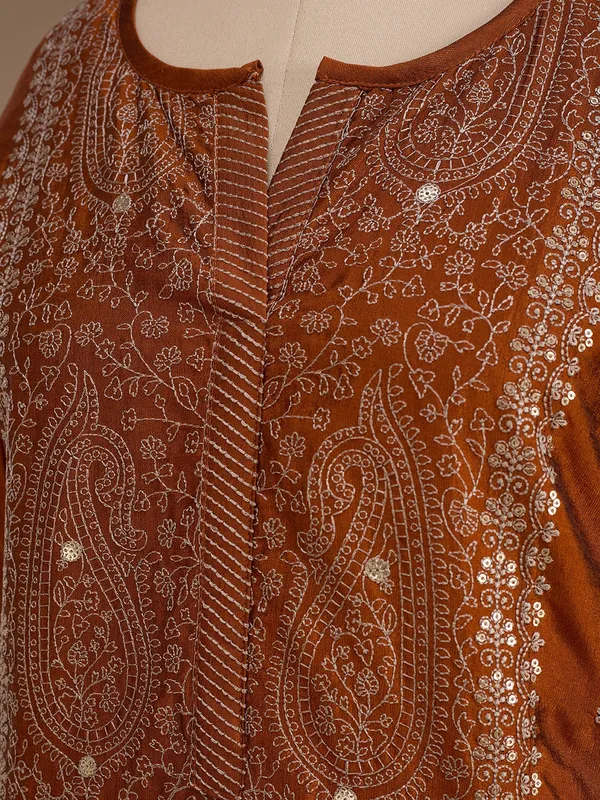 Rust_Soft_Raw_Silk_Threadwork_Straight_Kurta_With_Pant_Regular_And_Dupatta