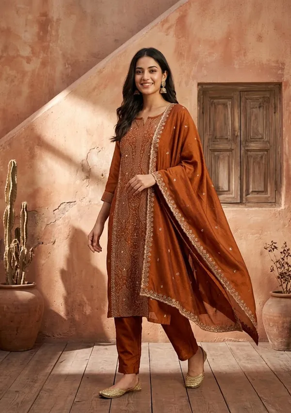 Rust_Soft_Raw_Silk_Threadwork_Straight_Kurta_With_Pant_Regular_And_Dupatta