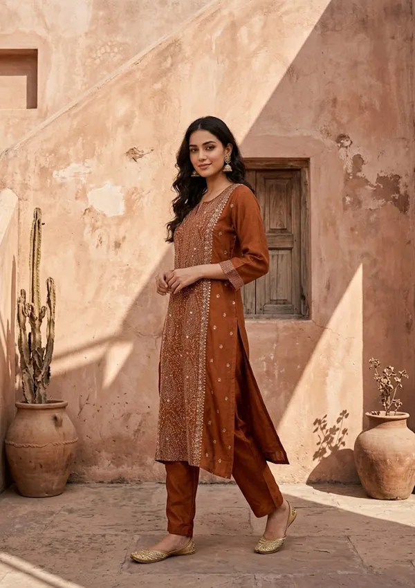Rust_Soft_Raw_Silk_Threadwork_Straight_Kurta_With_Pant_Regular_And_Dupatta