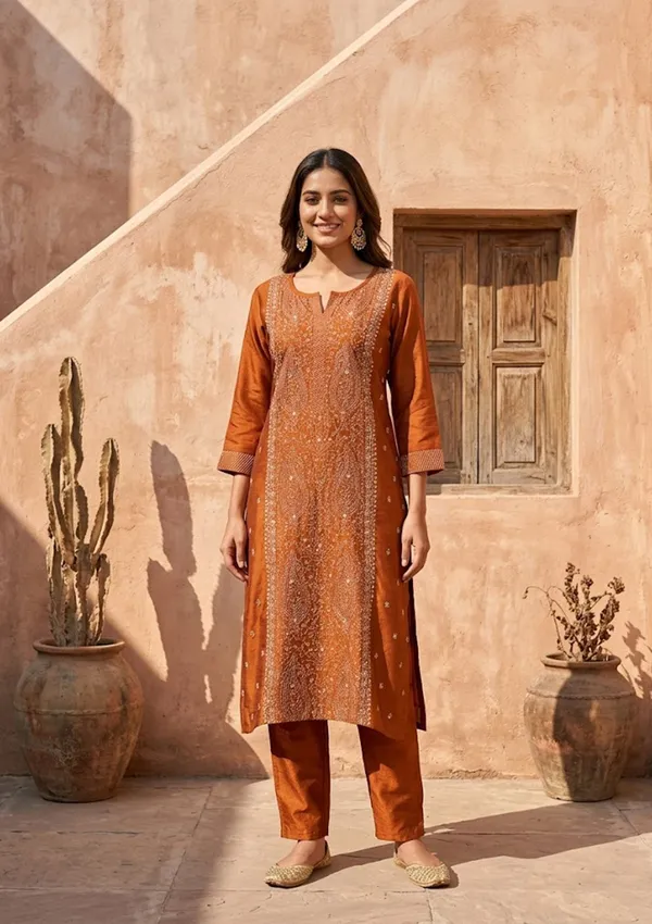 Rust_Soft_Raw_Silk_Threadwork_Straight_Kurta_With_Pant_Regular_And_Dupatta