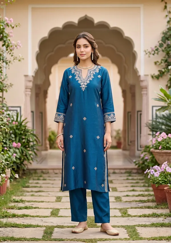 Blue_Soft_Raw_Silk_Threadwork_Straight_Kurta_With_Pant_Regular_And_Dupatta