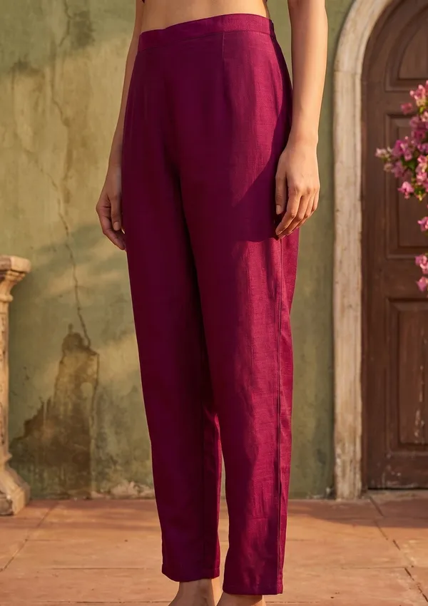 Wine_Soft_Raw_Silk_Threadwork_Straight_Kurta_With_Pant_Regular_And_Dupatta