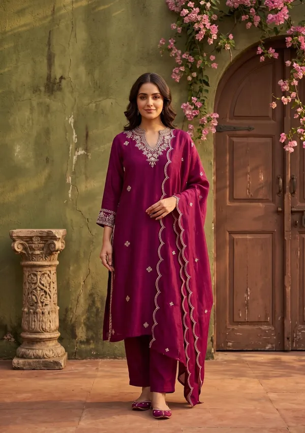 Wine_Soft_Raw_Silk_Threadwork_Straight_Kurta_With_Pant_Regular_And_Dupatta