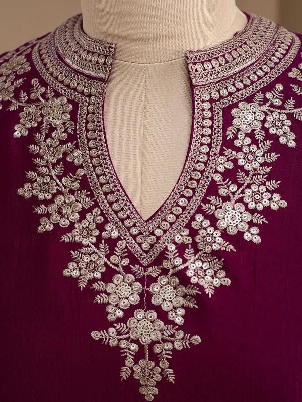 Wine_Soft_Raw_Silk_Threadwork_Straight_Kurta_With_Pant_Regular_And_Dupatta