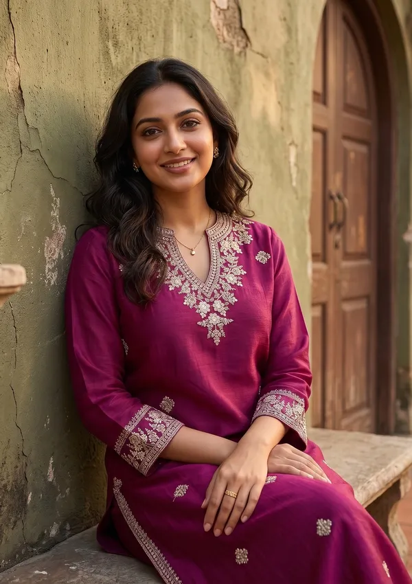Wine_Soft_Raw_Silk_Threadwork_Straight_Kurta_With_Pant_Regular_And_Dupatta