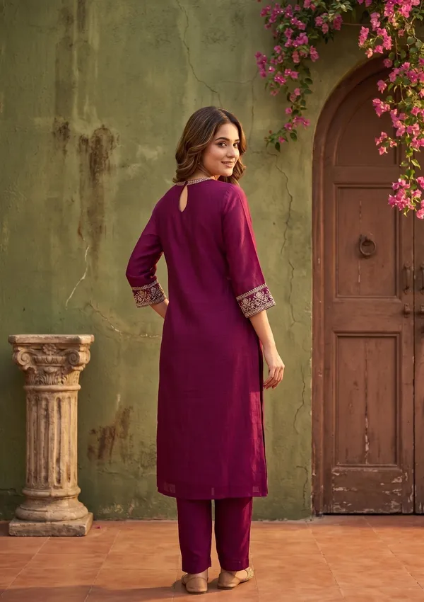Wine_Soft_Raw_Silk_Threadwork_Straight_Kurta_With_Pant_Regular_And_Dupatta