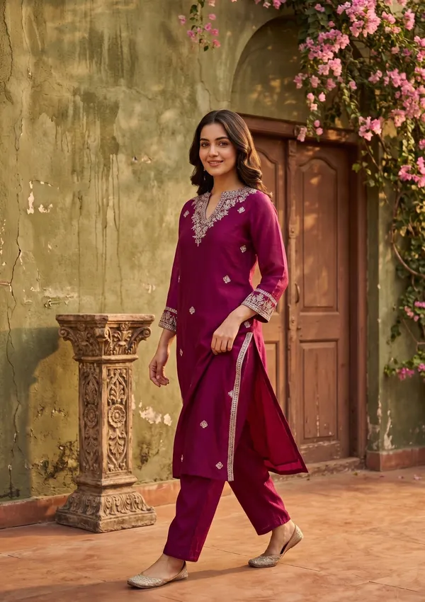 Wine_Soft_Raw_Silk_Threadwork_Straight_Kurta_With_Pant_Regular_And_Dupatta