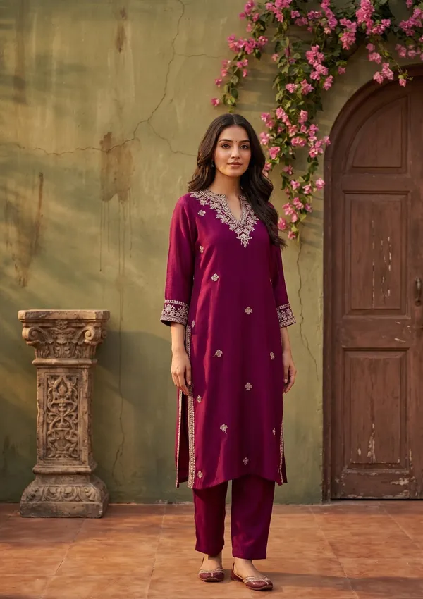 Wine_Soft_Raw_Silk_Threadwork_Straight_Kurta_With_Pant_Regular_And_Dupatta