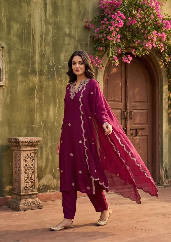 Wine_Soft_Raw_Silk_Threadwork_Straight_Kurta_With_Pant_Regular_And_Dupatta