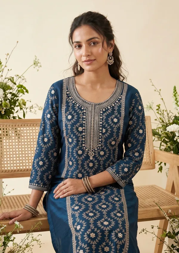 Navy_Blue_Soft_Raw_Silk_Threadwork_Anarkali_Kurta_With_Regular_Pant_And_Dupatta