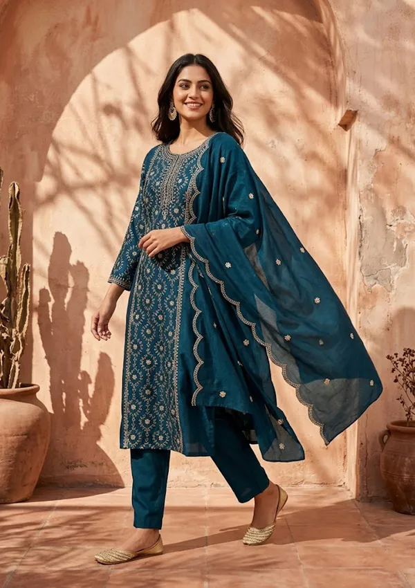 Navy_Blue_Soft_Raw_Silk_Threadwork_Anarkali_Kurta_With_Regular_Pant_And_Dupatta
