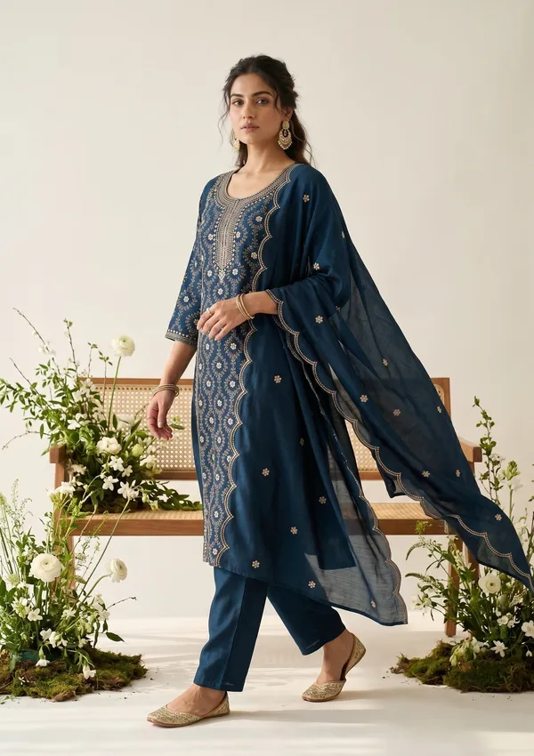 Navy_Blue_Soft_Raw_Silk_Threadwork_Anarkali_Kurta_With_Regular_Pant_And_Dupatta