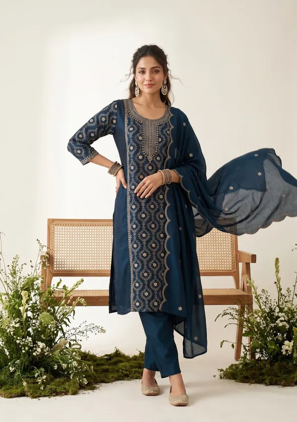 Navy_Blue_Soft_Raw_Silk_Threadwork_Anarkali_Kurta_With_Regular_Pant_And_Dupatta