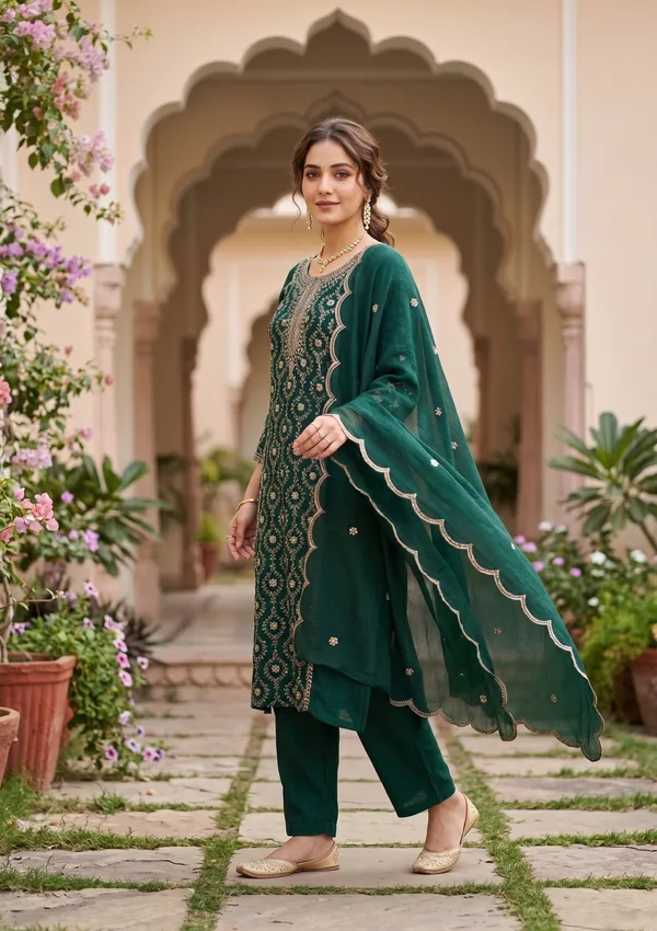 Bottle_Green_Soft_Raw_Silk_Threadwork_Anarkali_Kurta_With_Regular_Pant_And_Dupatta