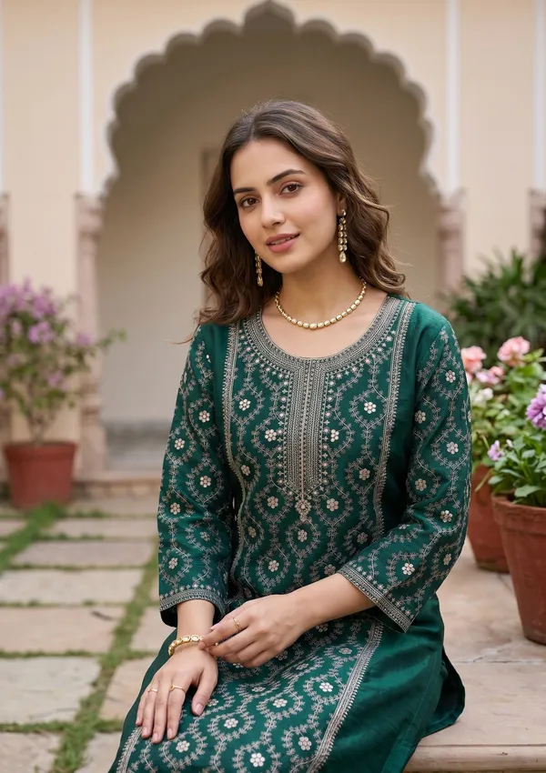 Bottle_Green_Soft_Raw_Silk_Threadwork_Anarkali_Kurta_With_Regular_Pant_And_Dupatta