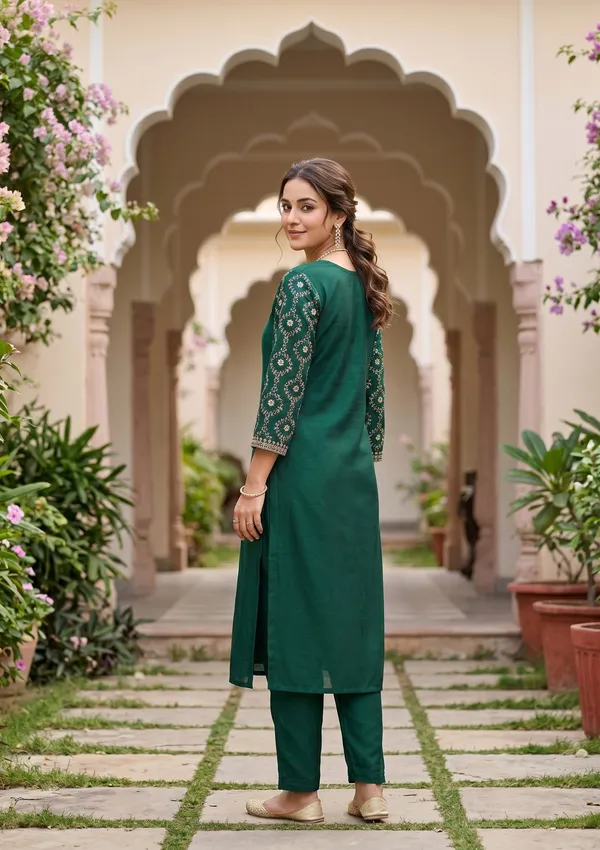 Bottle_Green_Soft_Raw_Silk_Threadwork_Anarkali_Kurta_With_Regular_Pant_And_Dupatta