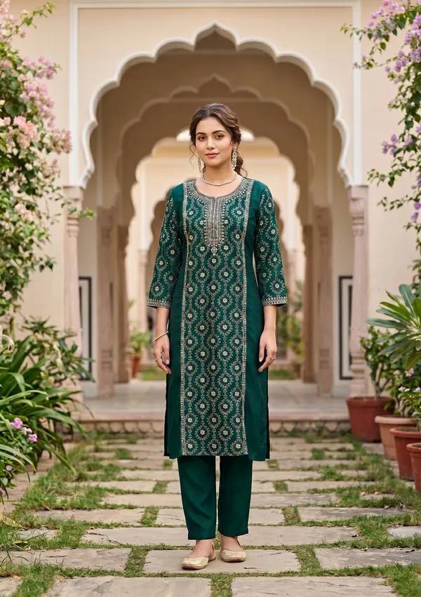 Bottle_Green_Soft_Raw_Silk_Threadwork_Anarkali_Kurta_With_Regular_Pant_And_Dupatta