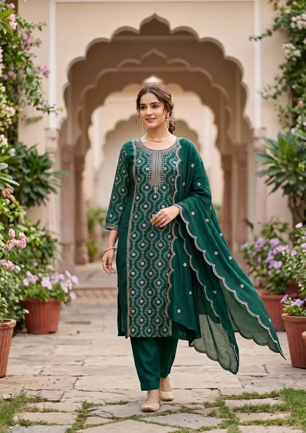 Bottle_Green_Soft_Raw_Silk_Threadwork_Anarkali_Kurta_With_Regular_Pant_And_Dupatta