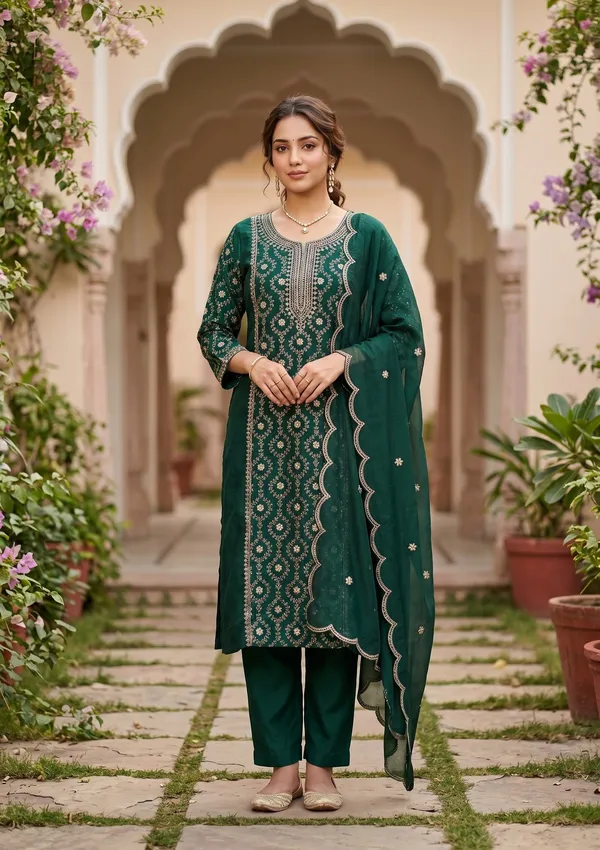 Bottle_Green_Soft_Raw_Silk_Threadwork_Anarkali_Kurta_With_Regular_Pant_And_Dupatta