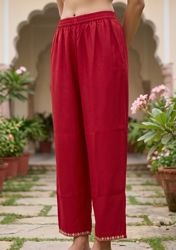 Red_Art_Silk_Cording_Straight_Kurta_With_Pant_Regular_And_Dupatta