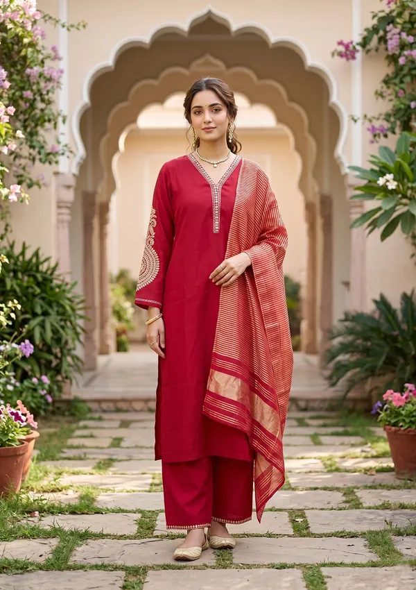 Red_Art_Silk_Cording_Straight_Kurta_With_Pant_Regular_And_Dupatta