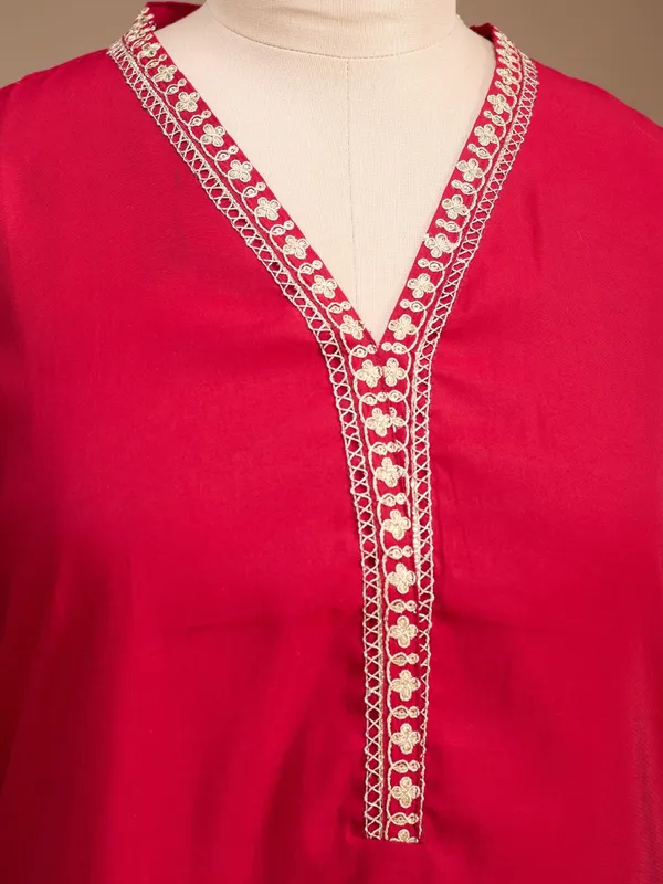 Red_Art_Silk_Cording_Straight_Kurta_With_Pant_Regular_And_Dupatta