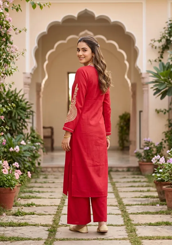 Red_Art_Silk_Cording_Straight_Kurta_With_Pant_Regular_And_Dupatta