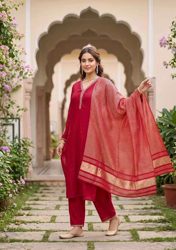 Red_Art_Silk_Cording_Straight_Kurta_With_Pant_Regular_And_Dupatta